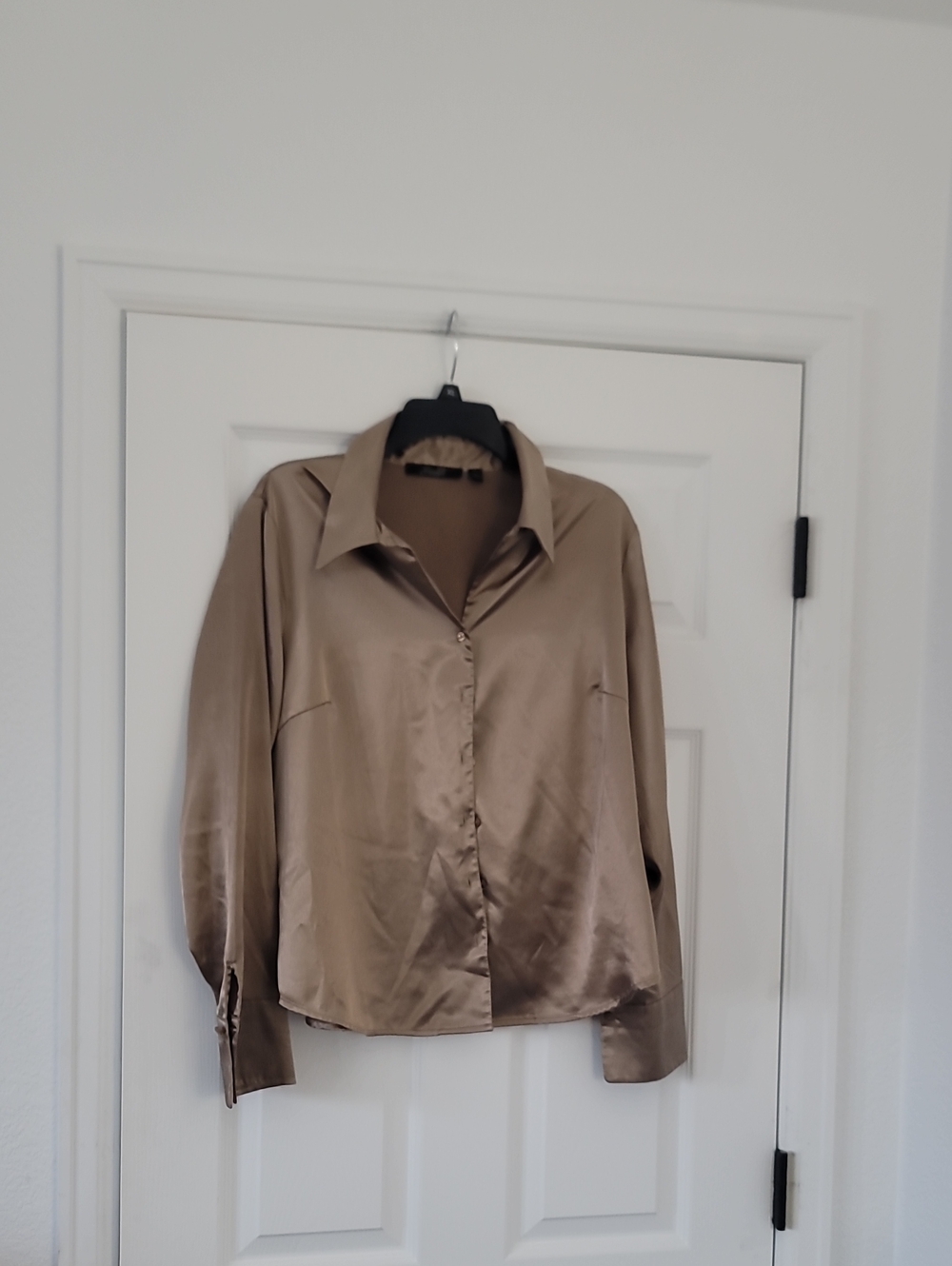 Essentials Satin Button-Down Shirt in Tan